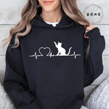 Women Cat Heartbeat Print Hoodie Streetwear Pullover