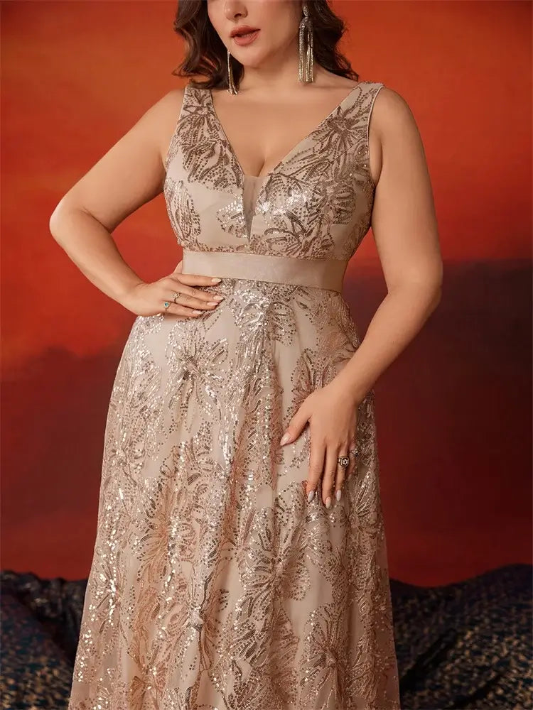Women Plus Size V-Back Sequin Evening Cocktail Dress