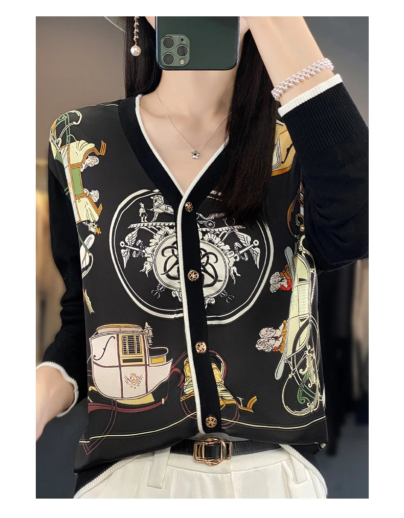Women's Printed Stitching Wool Cardigan