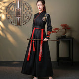 Elegant streetwear casual Chinese Hanfu dress, black with red accents, suitable for traditional and modern occasions.