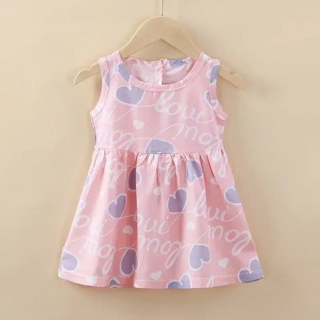 Cute pink summer dress for girls with heart print, sleeveless, knee-length design, perfect for ages 4-6.