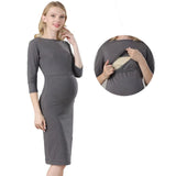 Postpartum nursing maternity dress with 3/4 sleeves and breastfeeding function, knee-length, in natural color.