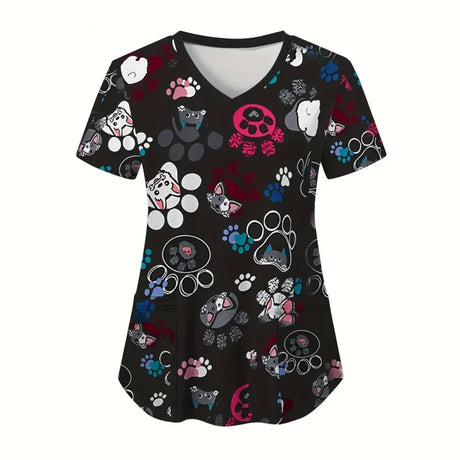 Cartoon animal scrubs for women featuring colorful paw prints and cartoon pets, perfect for vet or medical use.
