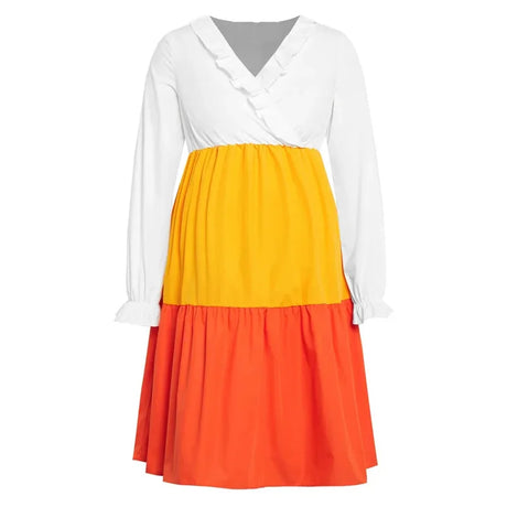 V-neck long sleeve maternity dress with a colorful yellow and orange pleated design, perfect for summer wear.