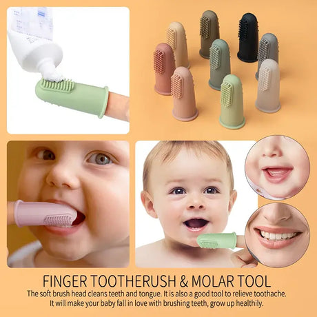 Colorful silicone finger toothbrushes for babies, ideal for cleaning teeth and soothing gums during teething.