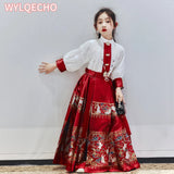 Little girl wearing a red summer hanfu dress with embroidered skirt, perfect for traditional occasions.