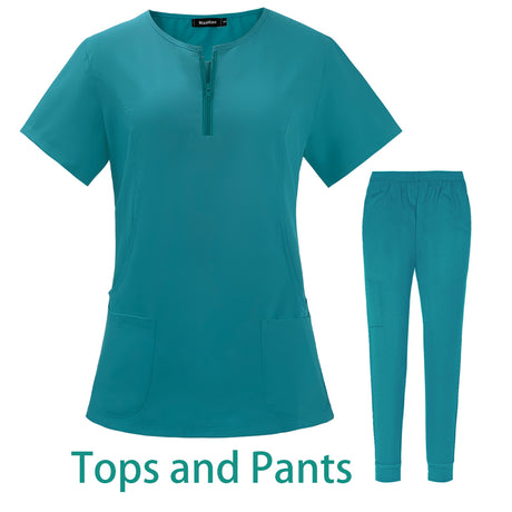 7-color nursing work uniform featuring zipper V-neck top and matching pants, suitable for various professionals.