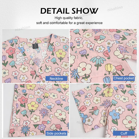 Detail view of cartoon print dental scrubs featuring floral design, V-neckline, chest pocket, and side pockets.
