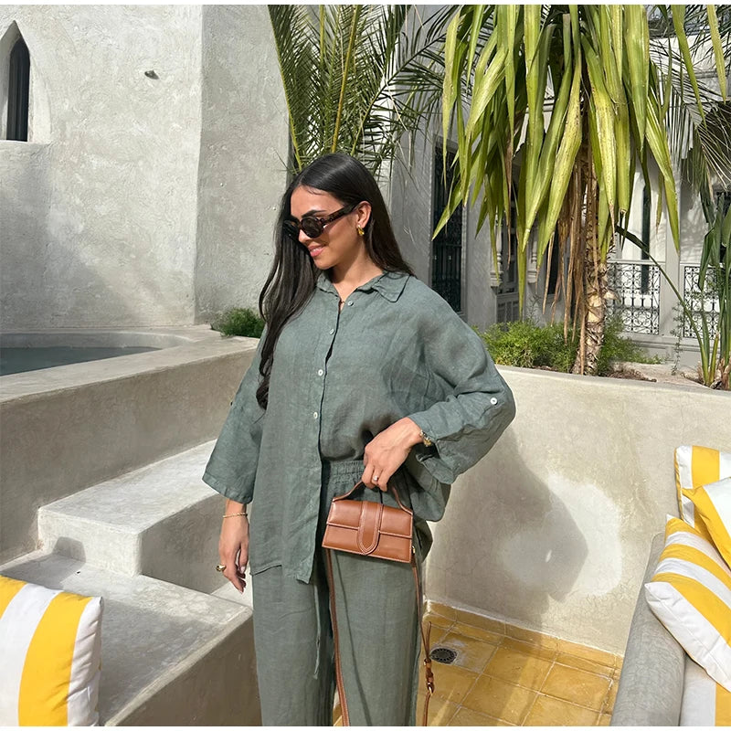 Women Cotton Wide Leg Pant Set