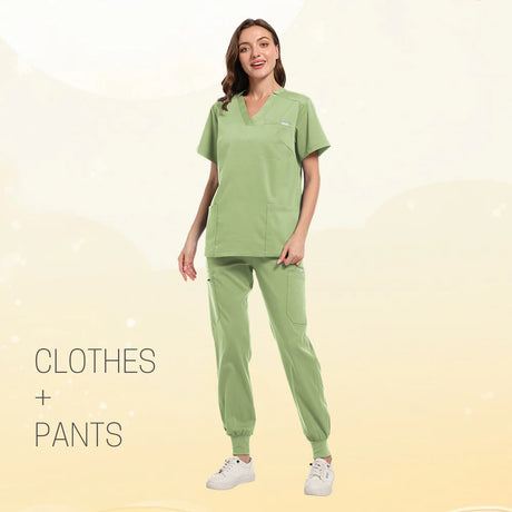 Multicolor scrub set for women featuring short sleeve top and pants in a stylish green color.