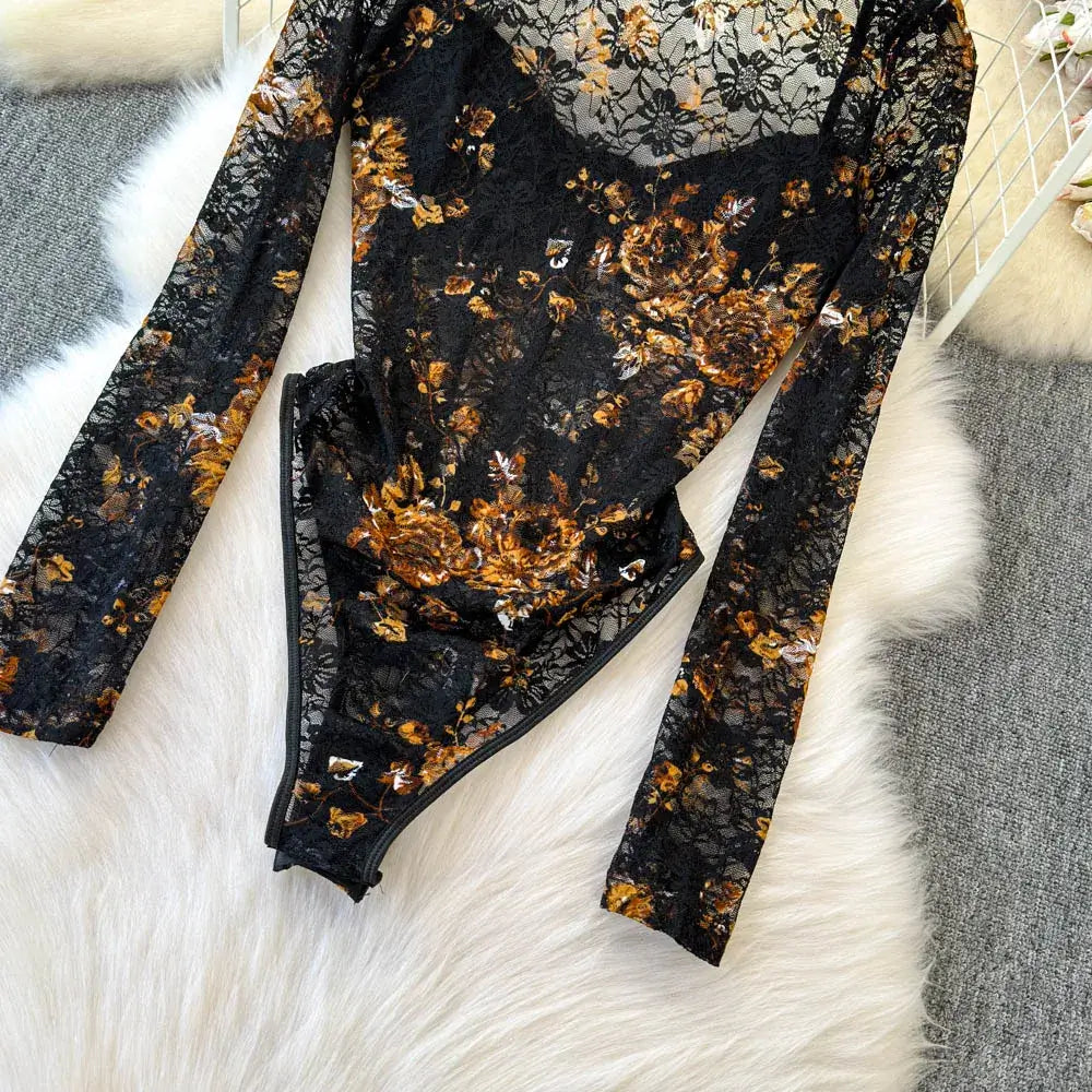 Women Square Neck Mesh Print Bodysuit