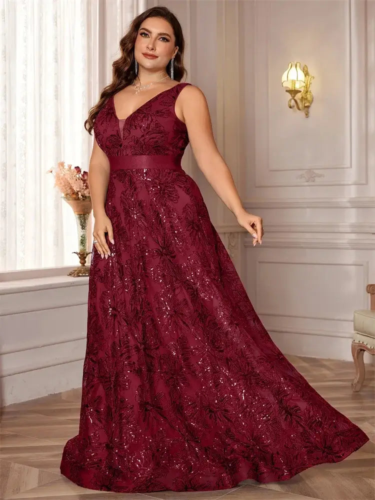 Women Plus Size V-Back Sequin Evening Cocktail Dress