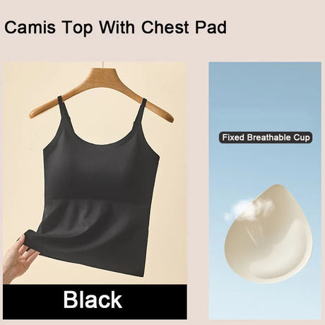 Black cami top with chest pad, featuring a fixed breathable cup, perfect for comfort and style.