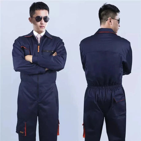 Mechanic welding coveralls in navy with windproof and waterproof features, designed for utility and safety in auto repair.