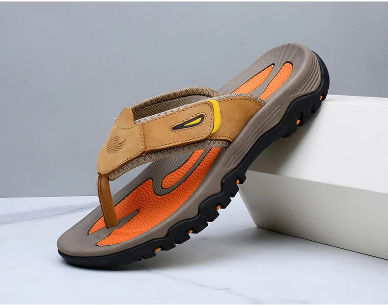 Men Cow Leather Beach Flip Flops Sandals