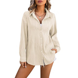HarajukuMuse™ Streetwear Casual Blouse in light beige with long sleeves and turn-down collar for women.
