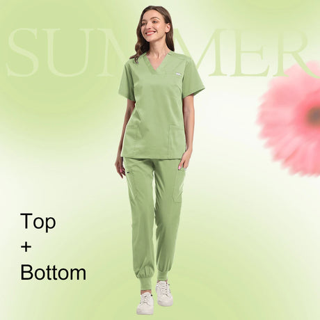 Woman wearing light green short sleeve scrub top and matching pants, perfect for summer wear.