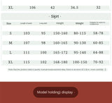 Size chart for women's skirt showing measurements for S, M, L, and XL sizes including waist and height specifications.