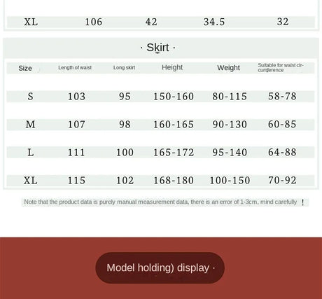 Size chart for women's skirt showing measurements for S, M, L, and XL sizes including waist and height specifications.