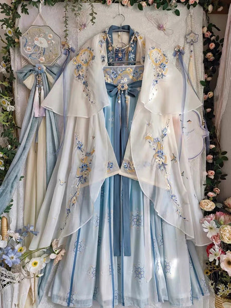 Women’s fairy Hanfu costume featuring intricate floral designs and soft pastel colors, perfect for summer events and cosplay.