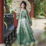 Women’s Hanfu cosplay in green dress with parasol, showcasing elegant Chinese traditional fashion.