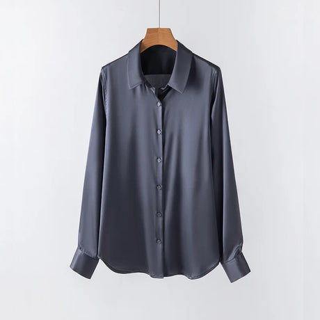Long sleeve loose fit silk shirt in dark gray, featuring a single breasted design and V-neck collar.