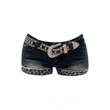 Women Retro Leopard Denim Shorts