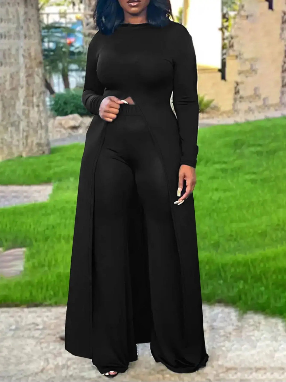 Plus Size Hooded Black Pants Set