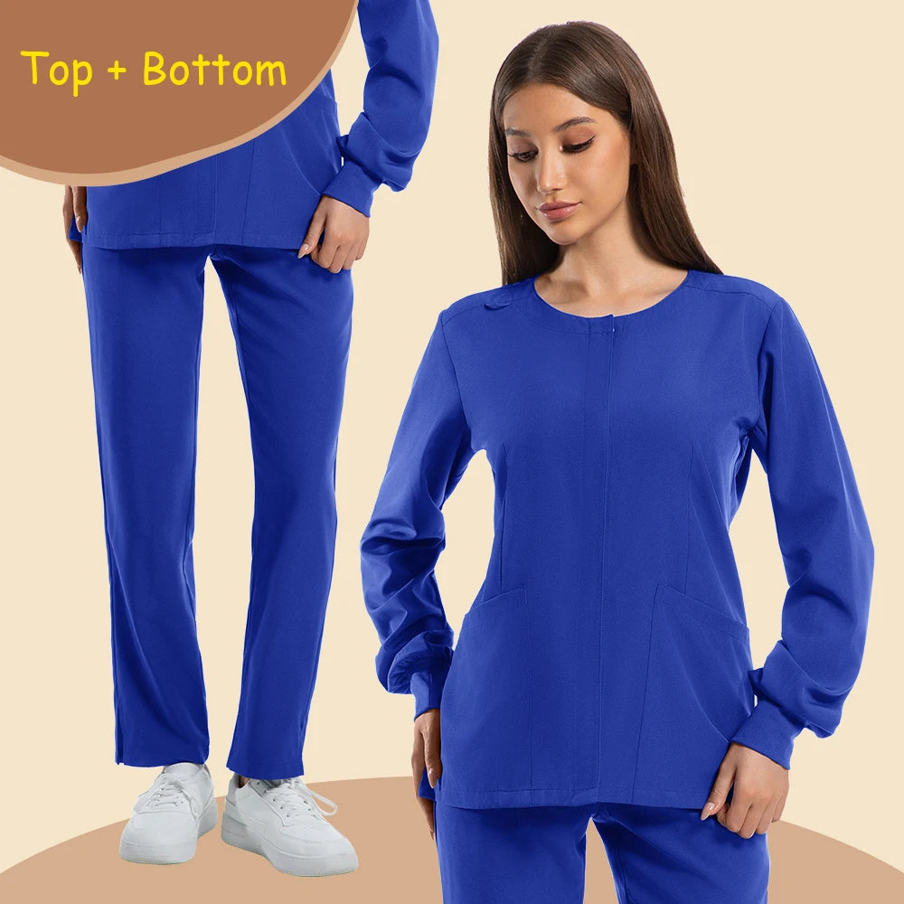Women’s blue long sleeve surgical scrubs set with pockets for medical professionals.