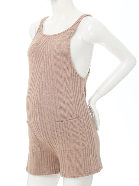 Sleeveless ribbed maternity jumpsuit in natural color, perfect for summer, made of cotton and spandex, ideal for casual wear.