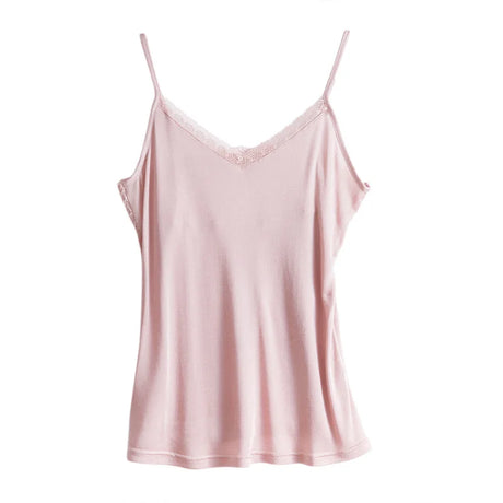 LuxeLace™ Silk Camisole Tank Top in soft pink, sleeveless with delicate lace trim and v-neck design for comfortable fit.