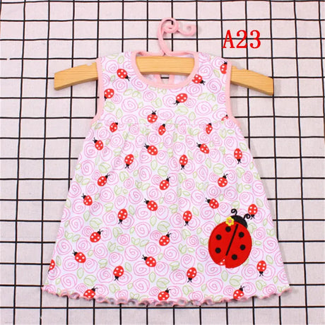 Newborn cotton flower sleeveless dress for baby girls with ladybug design in pink, suitable for ages 0-24 months.