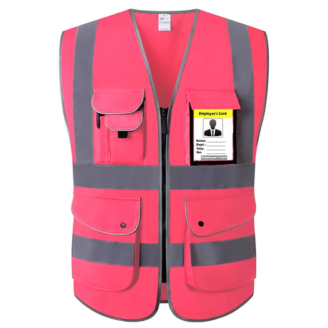 Hi-Vis pink safety vest with multi pockets and reflective stripes for construction and traffic work.