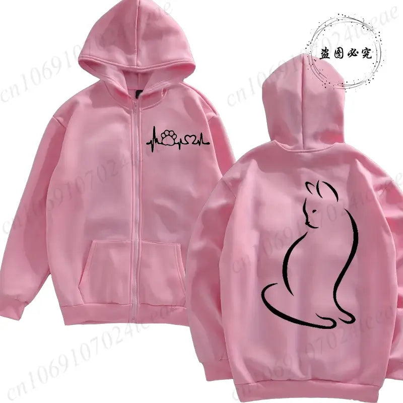 Women Cat Print Zip Hoodie Jacket Streetwear Coat