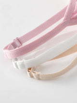 Adjustable bra straps in pink, white, and beige colors, demonstrating comfort and versatility.