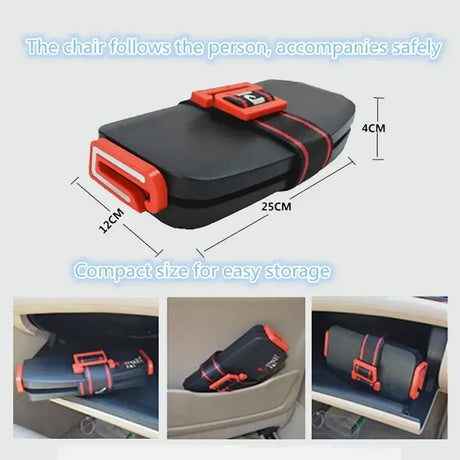 Ifold Portable Baby Car Seat showing compact design for easy storage, measuring 25cm x 12cm x 4cm.
