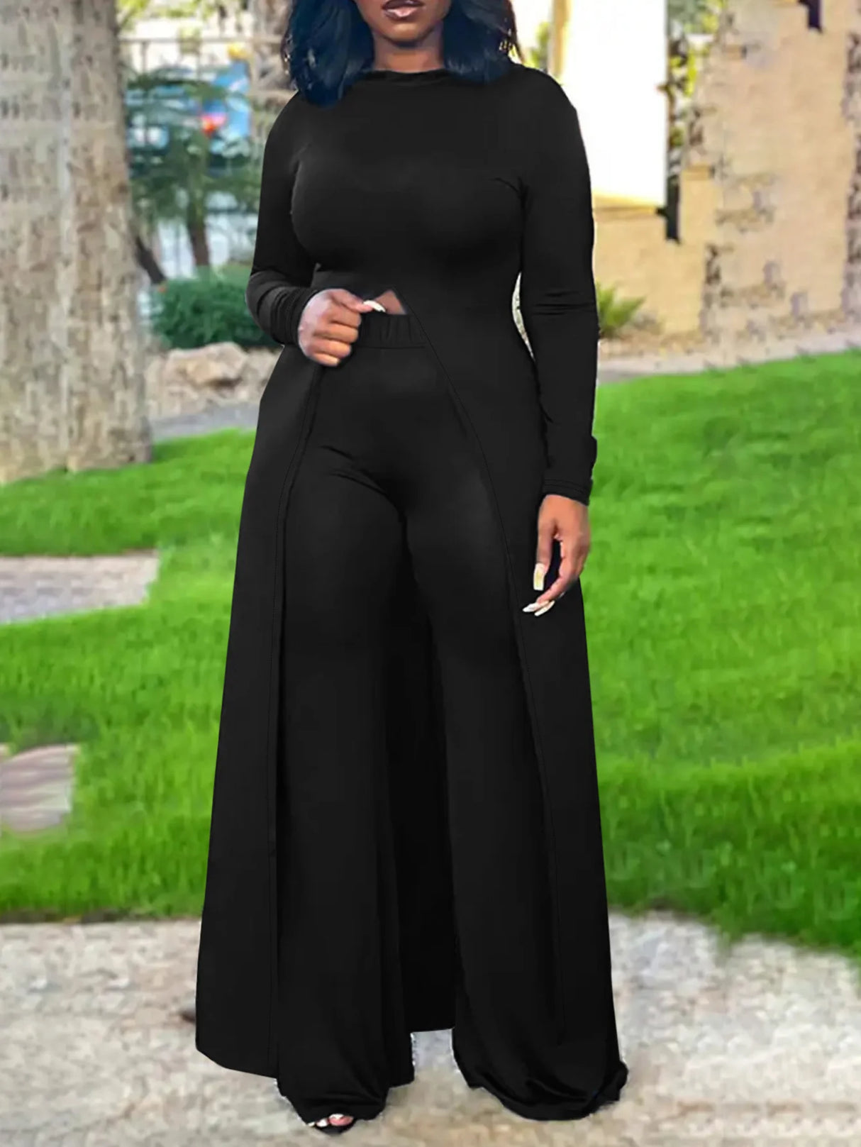 Plus Size Hooded Black Pants Set