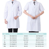 Laboratory long sleeve work coat size chart detailing S to 3XL for women in medical and beauty professions.