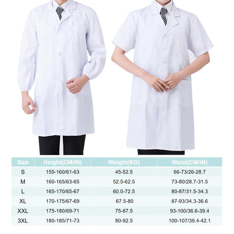 Laboratory long sleeve work coat size chart detailing S to 3XL for women in medical and beauty professions.
