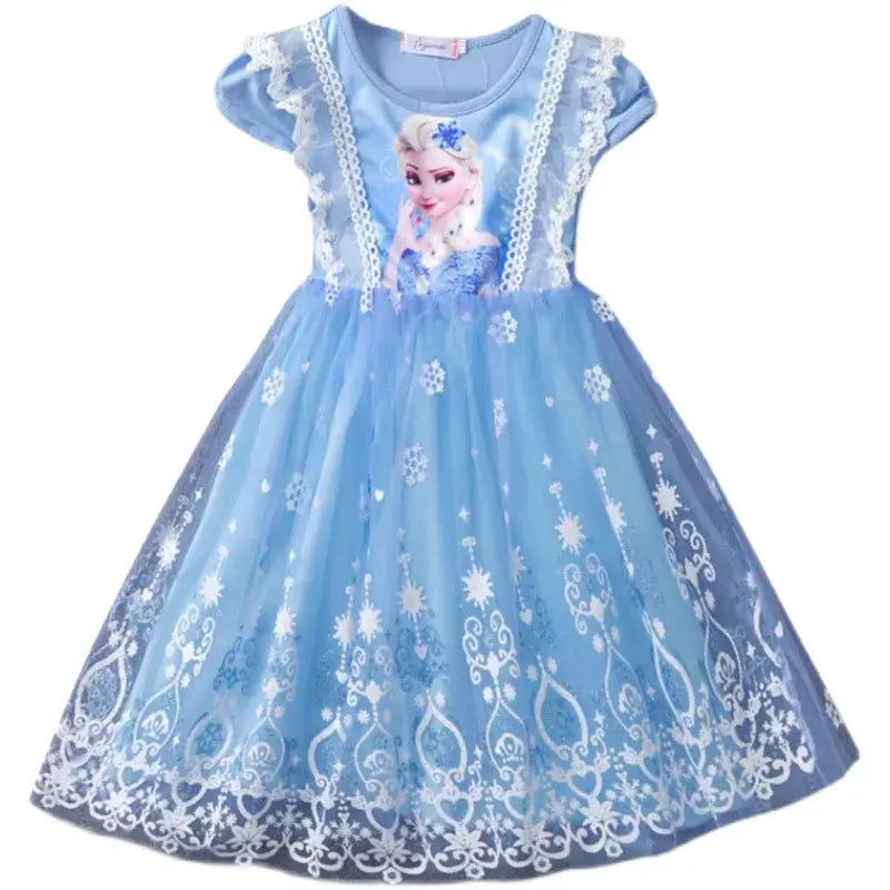 Girls summer blue flying sleeve dress featuring Elsa, knee-length, cotton, casual style for ages 4-6.