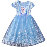 Girls summer blue flying sleeve dress featuring Elsa, knee-length, cotton, casual style for ages 4-6.