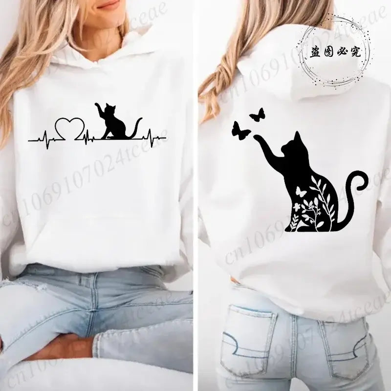 Women Cat Heartbeat Print Hoodie Streetwear Pullover