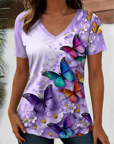 3D floral butterfly graphic V-neck tee for women, featuring vibrant colors and a relaxed fit.