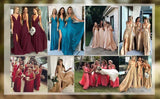 Collage of bridesmaids in elegant evening gowns showcasing various colors and styles, perfect for special occasions.