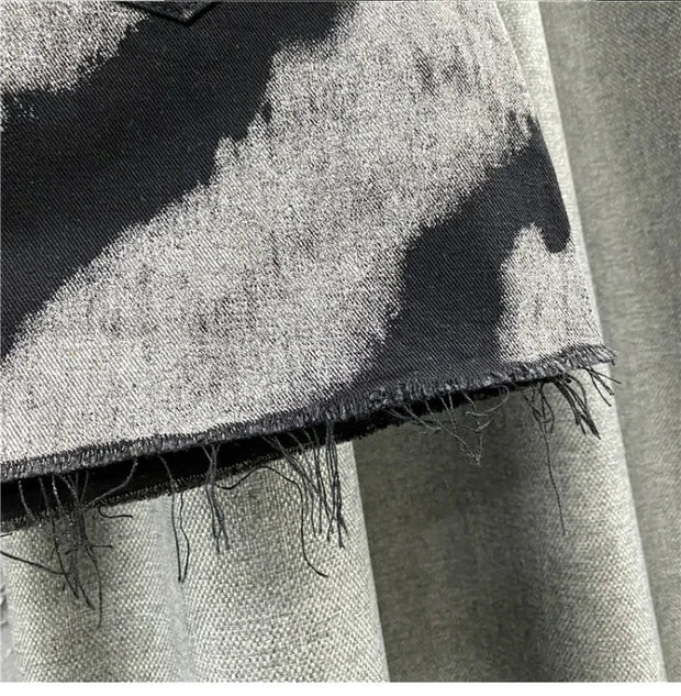 DyeDrape™ – Tie-Dye Short Denim Skirt (Black Gray, Fringed A-Line)