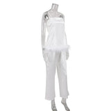 Women Satin Pajama Set with Feather Trim Pants