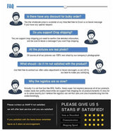 FAQ document addressing bulk discounts, drop shipping, product satisfaction, and logistics issues.