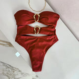 Women Metal Ring Bandeau Swimsuit
