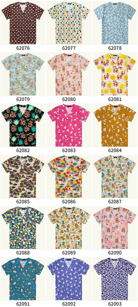 Colorful women's hospital nurse scrubs featuring floral and anime patterns, available in various styles and sizes.