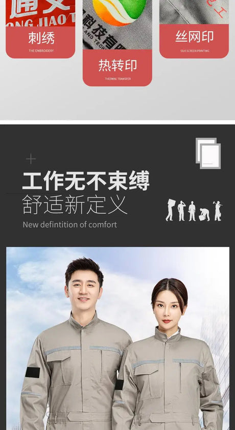 Anti-static flame-resistant welding suit showcased on model, emphasizing comfort and high-quality pure cotton workwear.